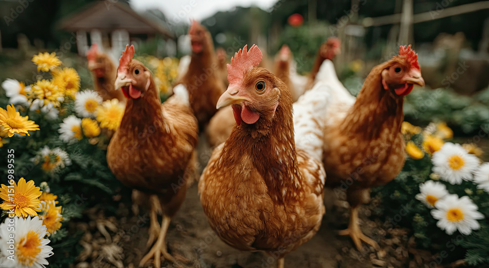 Fototapeta premium Free Range Chickens Roaming in Garden With Flowers, Representing Sustainable Farming and Organic Food Production for Agriculture Businesses