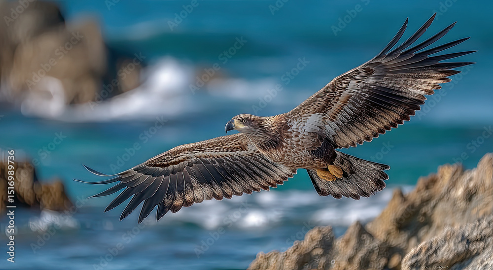 Obraz premium Immature Bald Eagle Flying Over Rocky Coastline, Symbolizing Conservation and Environmental Awareness, Perfect for Nature Bloggers and Wildlife Enthusiasts