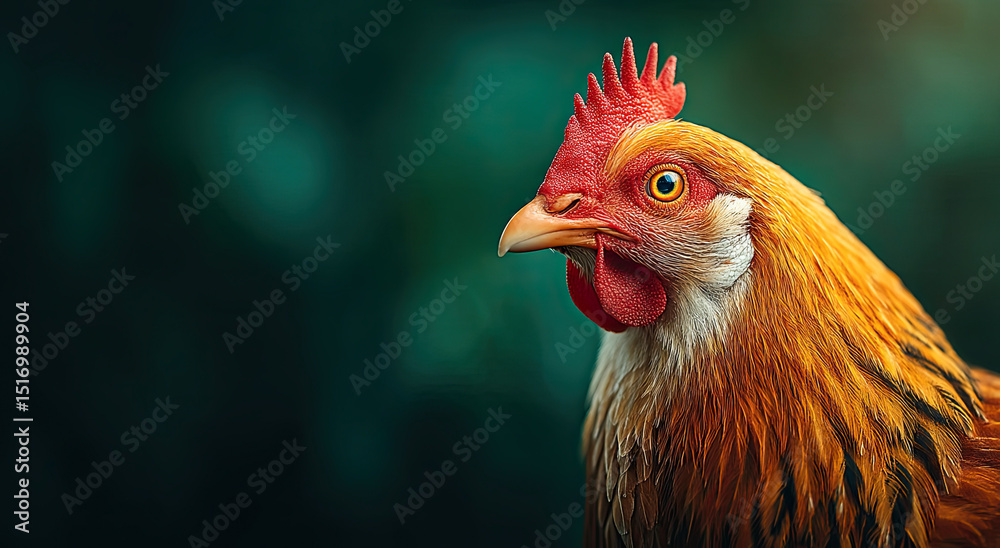 Fototapeta premium Golden Chicken Profile Against Dark Green Backdrop, Showcasing Farm Freshness and Sustainable Agriculture Practices
