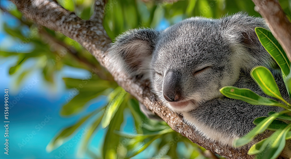 Fototapeta premium Sleeping Koala Bear Resting on a Tree Branch, Symbolizing Tranquility and Wildlife Conservation for Educational Material and Environmental Awareness Campaigns