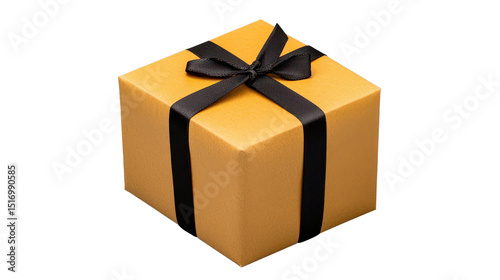 Gold gift box with black ribbon on transparent background. The box is square and the ribbon is tied in a bow. The image is simple and elegant.