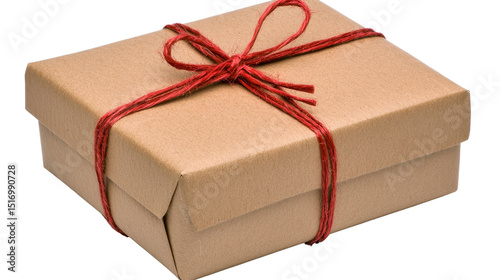 Kraft paper gift box with red twine, isolated on transparent background. The box is rectangular and simply wrapped, creating a rustic and elegant feel. Perfect for holiday or celebratory visuals.