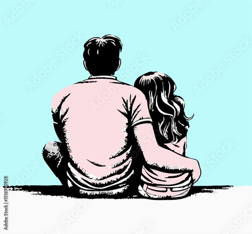 Couple Sitting Together Back View Illustration