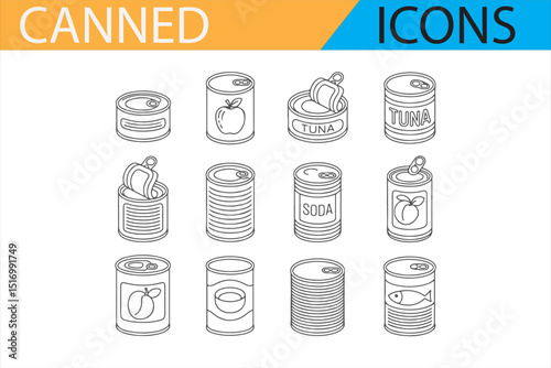 simple and clean icons depicting canned goods for packaging and grocery applications.