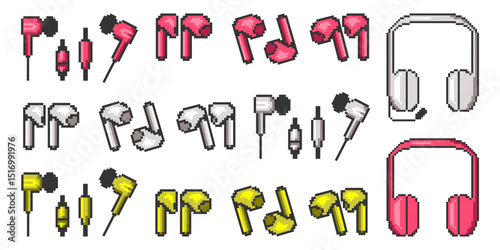 Headphones set in pixel style. Colorful retro stickers, y2k vibe. Collection of pixel art music icons in vibrant 8bit colors.