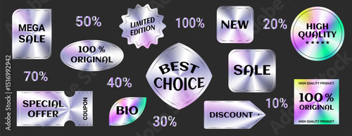 Set of Holographic Neon Gradient Stickers with sale labels, discount tags, special offer , Sale, marketing elements. For e-commerce, promotion, advertising, product packaging. Vector illustration.