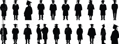 Graduation silhouettes set, education pack of vector silhouette design, isolated background