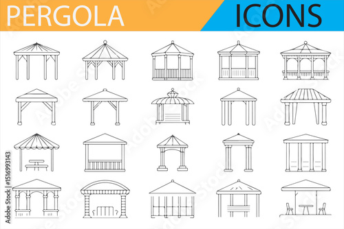A set of 12 pergola icons, showcasing various designs and structures of pergolas with different roof styles, benches, and ornamental details. Ideal for architectural, landscaping, and design projects