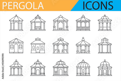 A collection of pergola icons in different architectural styles for digital and print use.