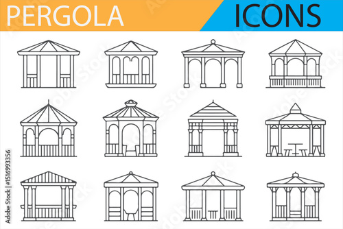 A diverse set of pergola and garden structure icons for design and architecture.