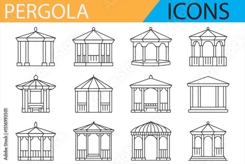 Icon set illustrating different styles and designs of pergolas for garden and patio use.