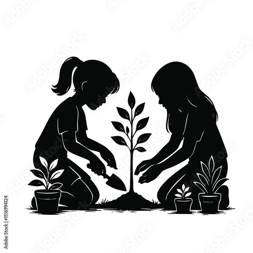 Silhouette of Two Children Planting a Tree Together, Promoting Nature Care, Teamwork, and Environmental Responsibility