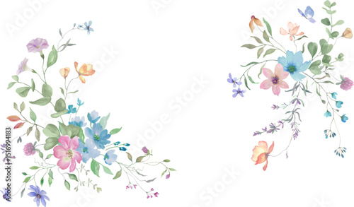  Watercolor floral frame with cute wildflowers. Hand-drawn floral illustration. Vector EPS.