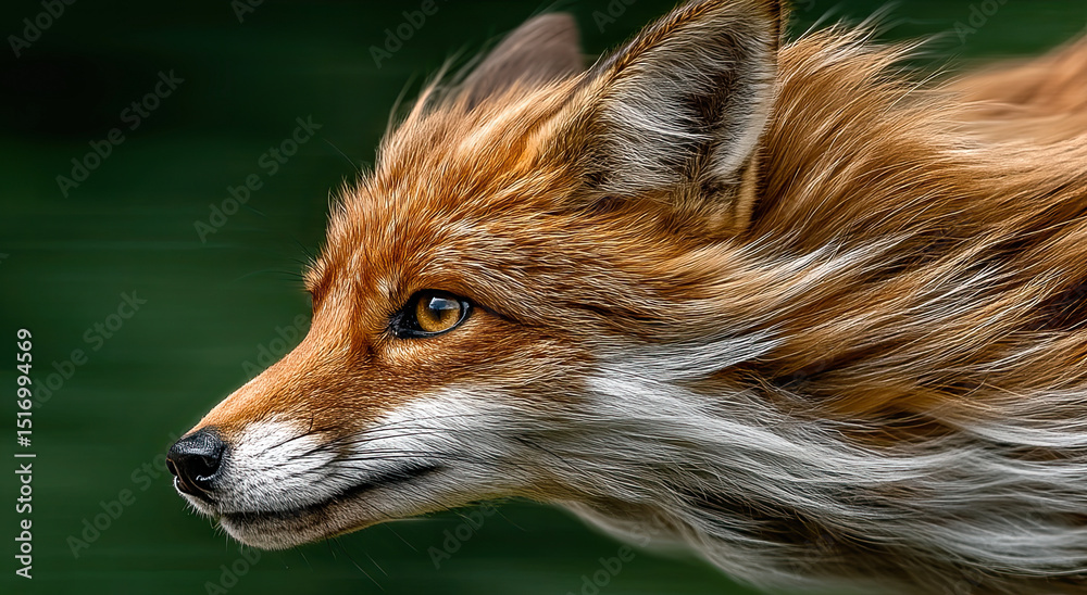 Fototapeta premium Close-Up of a Red Fox Head Profile Against Green Backdrop, Symbolizing Wildlife Conservation and Natural Beauty