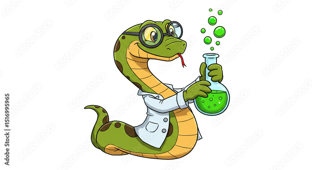 Fototapeta premium Smiling Cartoon Snake as Mad Scientist Mixing Magic Potion isolated on transparent background for Creative Projects