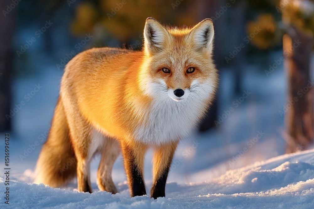 Obraz premium Wild beautiful red fox standing on snow in winter forest during sunset, illuminated by golden light, creating a stunning scene of wildlife in its natural habitat