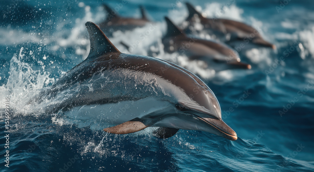 Fototapeta premium Pod of Dolphins Swimming in the Ocean, Representing Marine Conservation and Ecotourism, With Waves Crashing Around Them