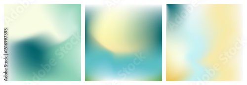 Light blue, yellow nature gradient background. Abstract blurry vector texture. Pastel color gradation pattern. Aesthetic bg. Set of 3 square vector gradient background for poster, cover, social post