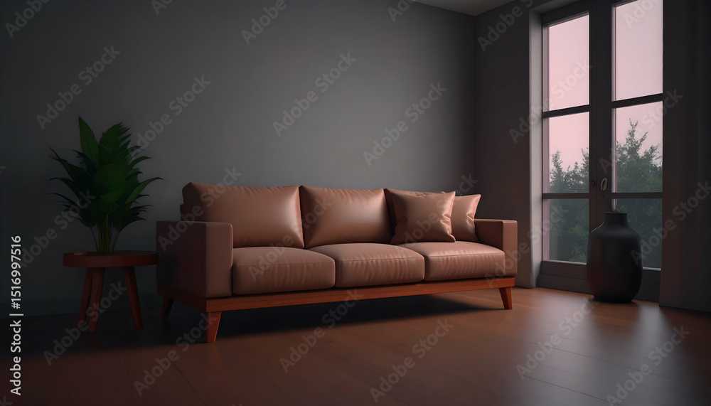 Fototapeta premium Modern Brown Sofa in Minimalist Living Room Interior