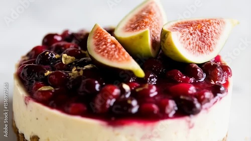 Wallpaper Mural Delicious Gourmet Cheesecake with Fresh Figs. A close-up, mouth-watering shot of a miniature cheesecake topped with a rich berry glaze and fresh fig slices.  Torontodigital.ca