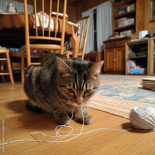 A munchkin cat plays with a thread.