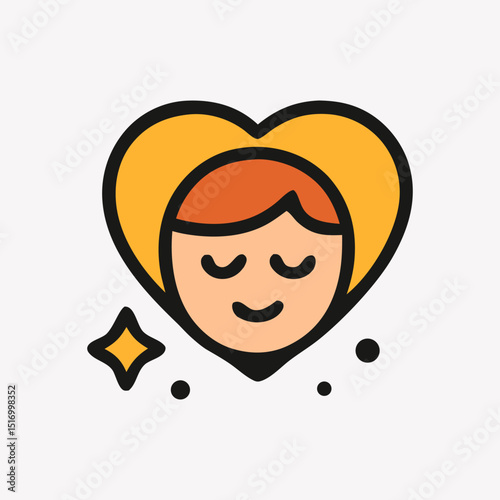 Stylized icon featuring a serene human face within a heart shape, symbolizing self-love, well-being, and emotional happiness. Mental health and self-care concept