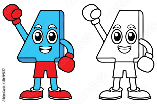 Cartoon Number Four Character Ready for a Boxing Match Coloring Page