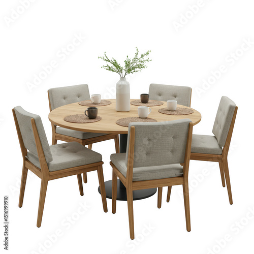 Dining table with chairs isolated on transparent background