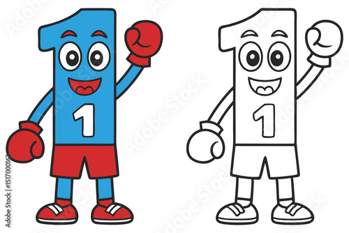 Cartoon number one boxer in color and black outline ready to fight