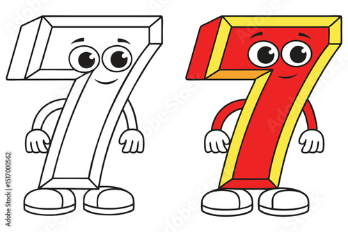 Cartoon Number Seven Character with and without Color for Education