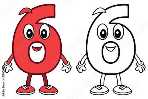 Cartoon Number Six Character in Color and Black and White Line Art
