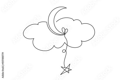Line Art Moon, Cloud and Star Icon. Outline Sweet Dream and Good Night Sleep Symbol. baby Shower or Nursery Abstract Simple Romantic Decoration. One Continuous Editable Stroke Sketch Art.