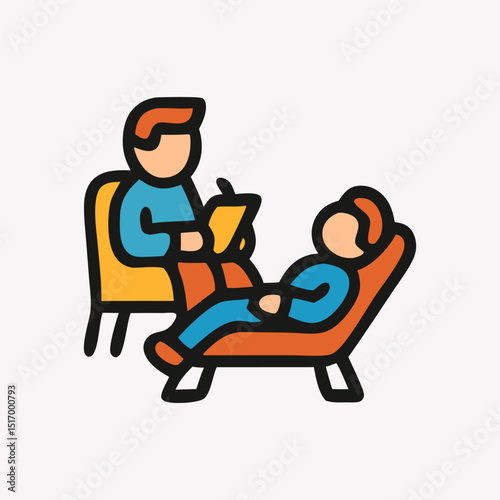 Cartoon illustration of a therapist conducting a session with a patient lying on a couch, representing psychological counseling. Psychotherapy and mental health concept