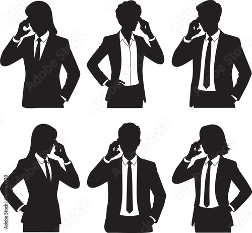 Silhouette Style Business Professionals Talking on Phones in  Background Vector Illustration for Corporate Communication