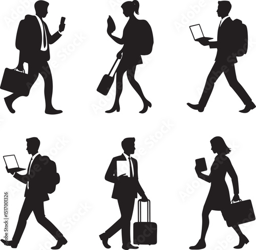 Silhouette Illustrations of Commuting Professionals with Luggage and Devices on a Plain Background for Urban Lifestyle Designs