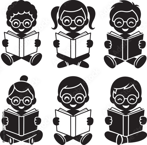 Silhouette Illustrations of Children Reading Books on a Plain Background for Educational and Literacy Designs