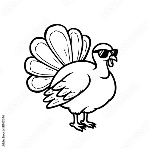 A cool turkey with sunglasses posing for a black and white cartoon illustration.