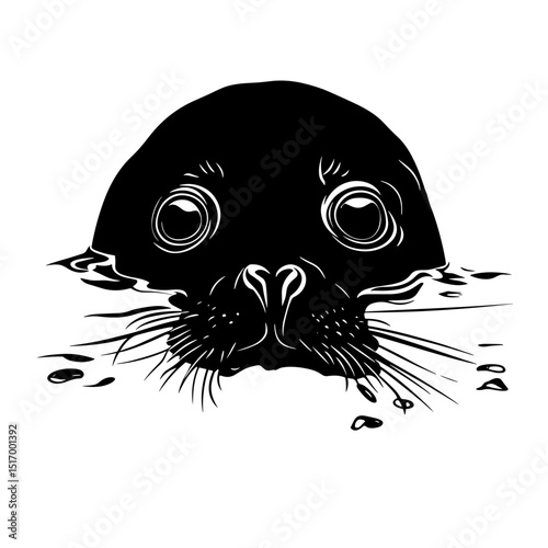 A charming seal emerges from the water, depicted in a striking minimalist style. The illustration, dominated by stark black and white contrast, highlights the animal's expressive features.