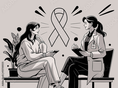Black and white line art illustration featuring two women engaged in a conversation.