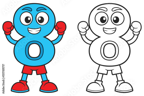Cartoonish number zero character with boxing gloves in color and lineart
