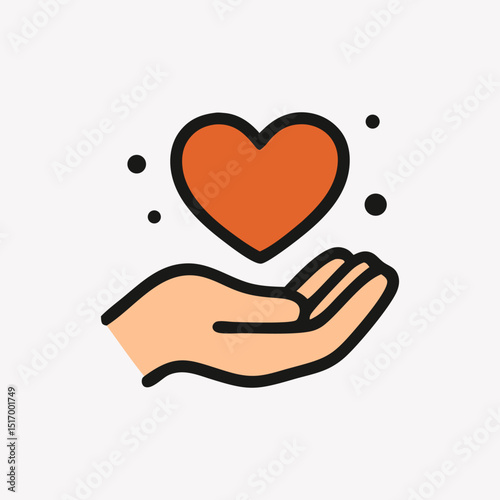 Outstretched human hand gently supporting a floating red heart, symbolizing care, generosity, and compassion. Love and charity concept