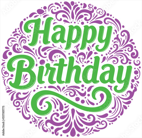 Artistic "Happy Birthday" vector emblem featuring elegant script surrounded by dynamic purple floral flourishes, perfect for unique invitations and cheerful digital art.