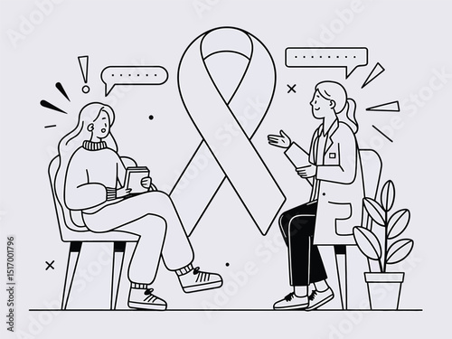 Black and white line art illustration featuring two women engaged in a conversation.