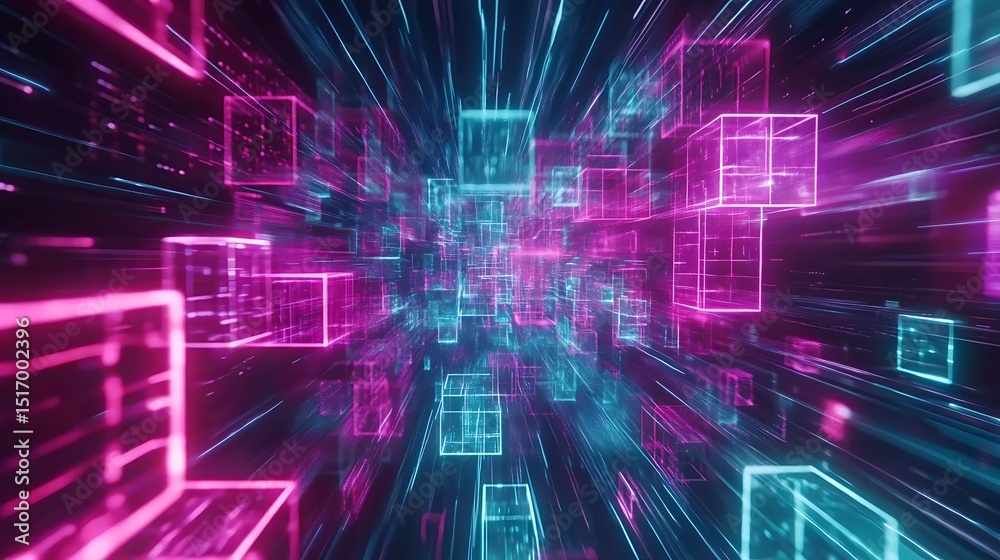 Obraz premium Neon cubes, digital tunnel, speed