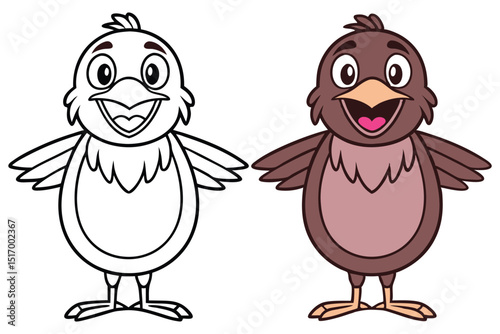 Cute cartoon bird illustration, coloring page and colored version side by side