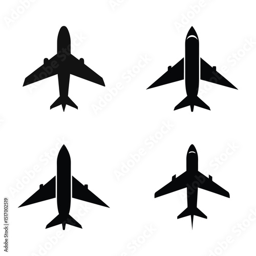 Four simple flat black airplane symbol is isolated on a transparent background. Vector plane icon for web, infographics, signs, or app design.	
