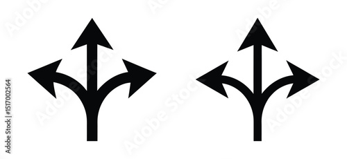 Road or way direction arrow sign vector icon set. One-way, Two-way, Three-way direction arrow sign. Fork sign, Way pointer symbol. Turn arrow navigation sign. Traffic route. Vector illustration.
