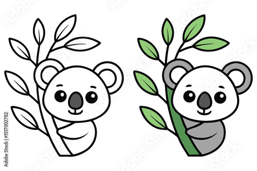 Cute Koala Bear on Eucalyptus Branch Illustration, Coloring Page and Colored Version