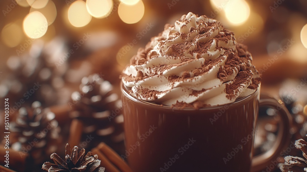 Warm, decadent hot chocolate drink topped with whipped cream and cocoa powder, surrounded by pine cones and cinnamon sticks, against a bokeh background of warm lights Warm, decadent hot chocolate drink topped with whipped cream and cocoa powder, surrounded by pine cones and cinnamon sticks, against a bokeh background of warm lights
