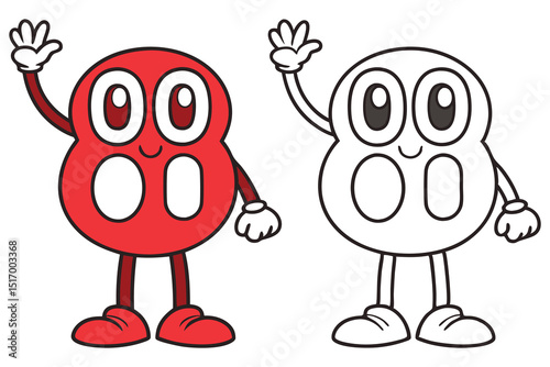 Friendly Red and Black and White Number Eight Characters Waving Hello